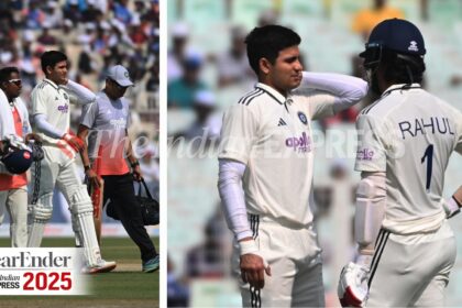 India captain Shubman Gill reacts after his injury on day 2 of the Kolkata Test. (Express Photo by Partha Paul).