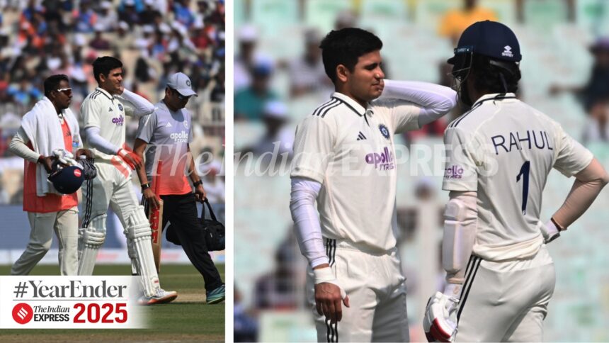 India captain Shubman Gill reacts after his injury on day 2 of the Kolkata Test. (Express Photo by Partha Paul).