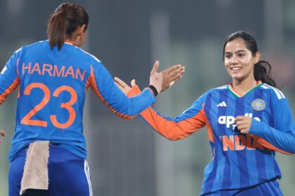 Indian spinner Vaishnavi Sharma with captain Harmanpreet Kaur during fifth T20I vs Sri Lanka. (PHOTO: CREIMAS FOR BCCI)