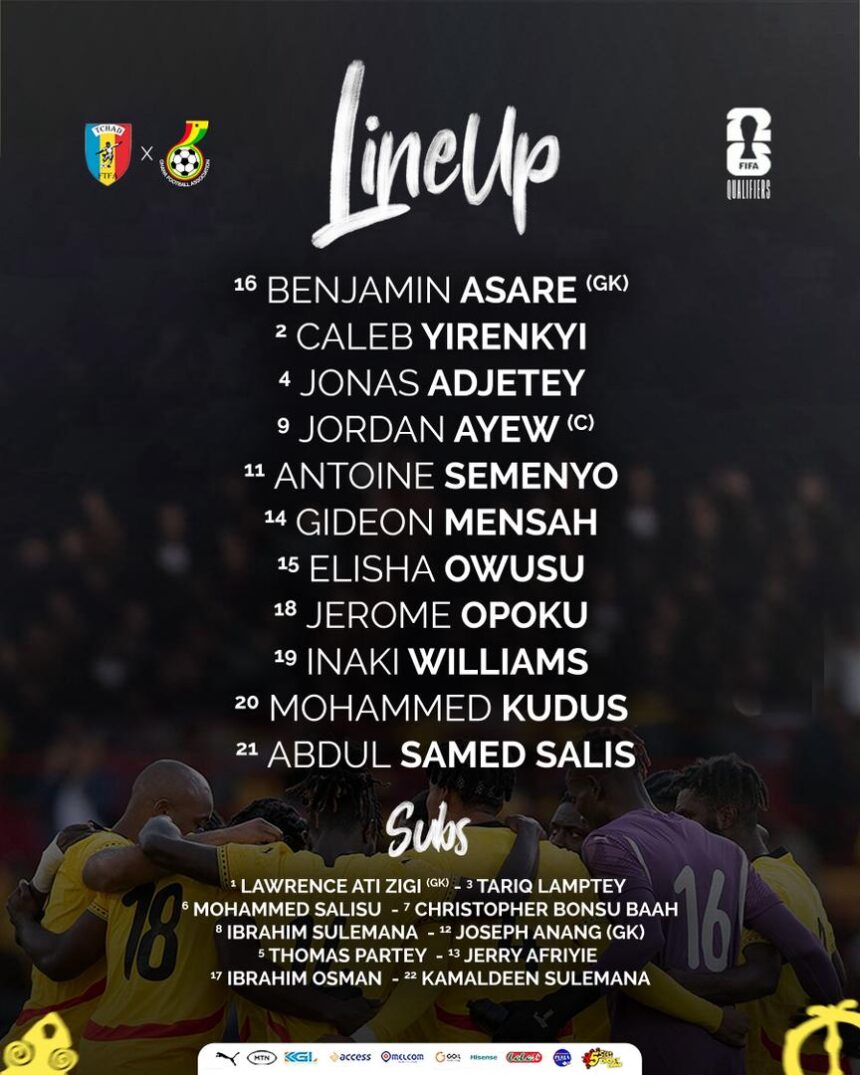 Jordan Ayew leads the line, Inaki, Semenyo operate on the wings against Chad