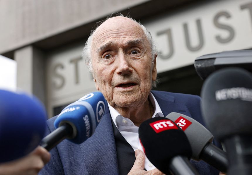 Former FIFA President Sepp Blatter speaks with members of the media in Muttenz, Switzerland, on March 25, 2025.