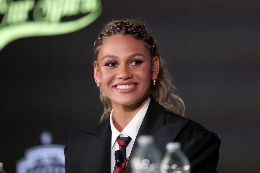 Washington Spirit forward Trinity Rodman answers questions during a press conference at BMO Stadium.