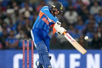 Abhishek Sharma in action during first India vs New Zealand T20I in Nagpur. (PHOTO: CREIMAS FOR BCCI)