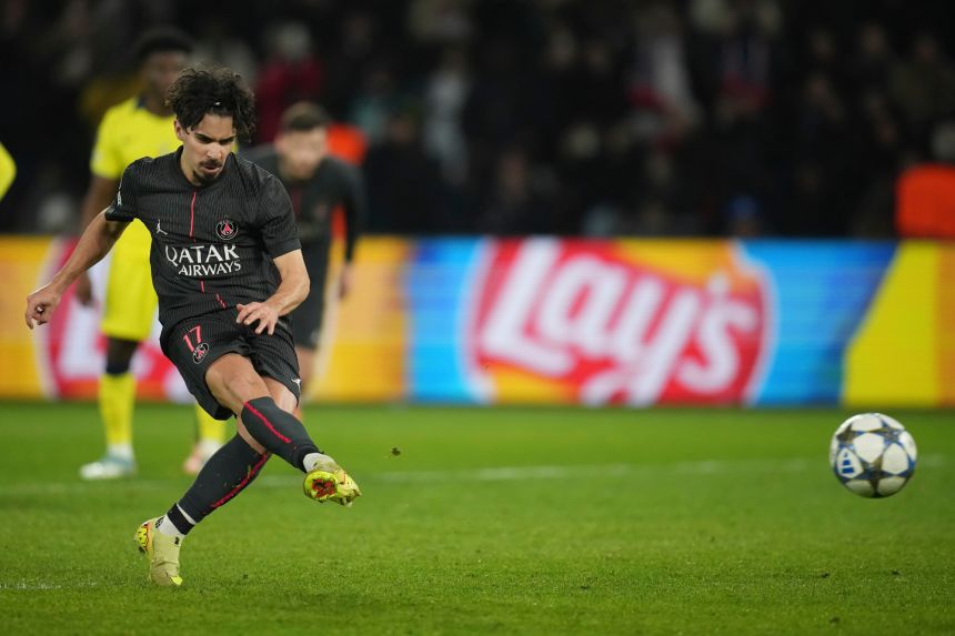 Vitinha scores on a penalty against Tottenham on November 26.