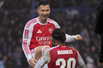 Arsenal's Gabriel Martinelli and Noni Madueke celebrate after a goal during the FA Cup third round soccer match between Portsmouth and Arsenal in Portsmouth, England, Sunday, Jan. 11, 2026. (AP Photo)