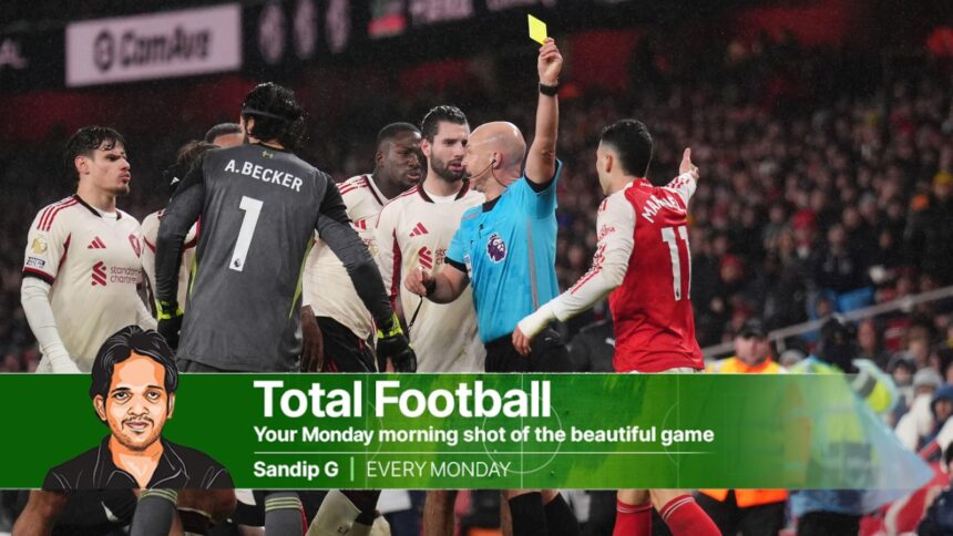 Football: Arsenal's Gabriel Martinelli shoved Liverpool’s Conor Bradley past the touchline so that the game could resume and the league leaders could press for the winning goal. (AP Photo)