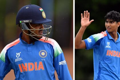 L-R: Ayush Mhatre with the bat and RS Ambrish shone with the ball during India vs New Zealand U19 World Cup league match. (PHOTO: ICC)