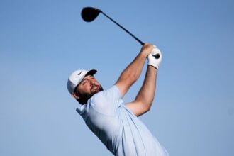 Scottie Scheffler hits his tee shot at the 16th hole during the final round of the American Express golf event on the Pete Dye Stadium Course at PGA West on Sunday, in La Quinta, California.