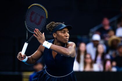 American Venus Williams in action against Serbian Olga Danilovic in the first round of the 2026 Australian Open at Melbourne Park.