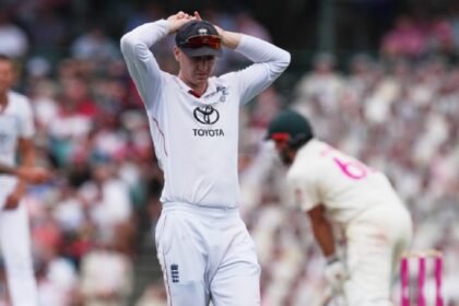 England's Harry Brook reacts during play on day two of the fifth and final Ashes cricket test between England and Australia in Sydney. (AP Photo)