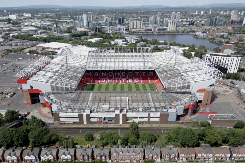 An aerial view shows Old Trafford, home ground of Manchester United.
