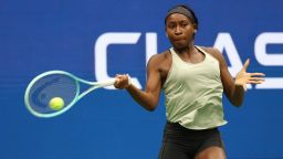 NEW YORK, NEW YORK - AUGUST 20: Coco Gauff hits the ball during a practice session prior to the start of the US Open  at USTA Billie Jean King National Tennis Center on August 20, 2025 in New York City. (Photo by Al Bello/Getty Images)