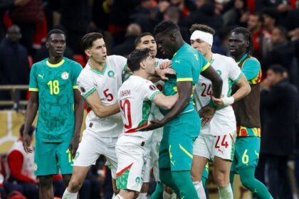 Senegal and Morocco players clash during the Africa Cup of Nations final.