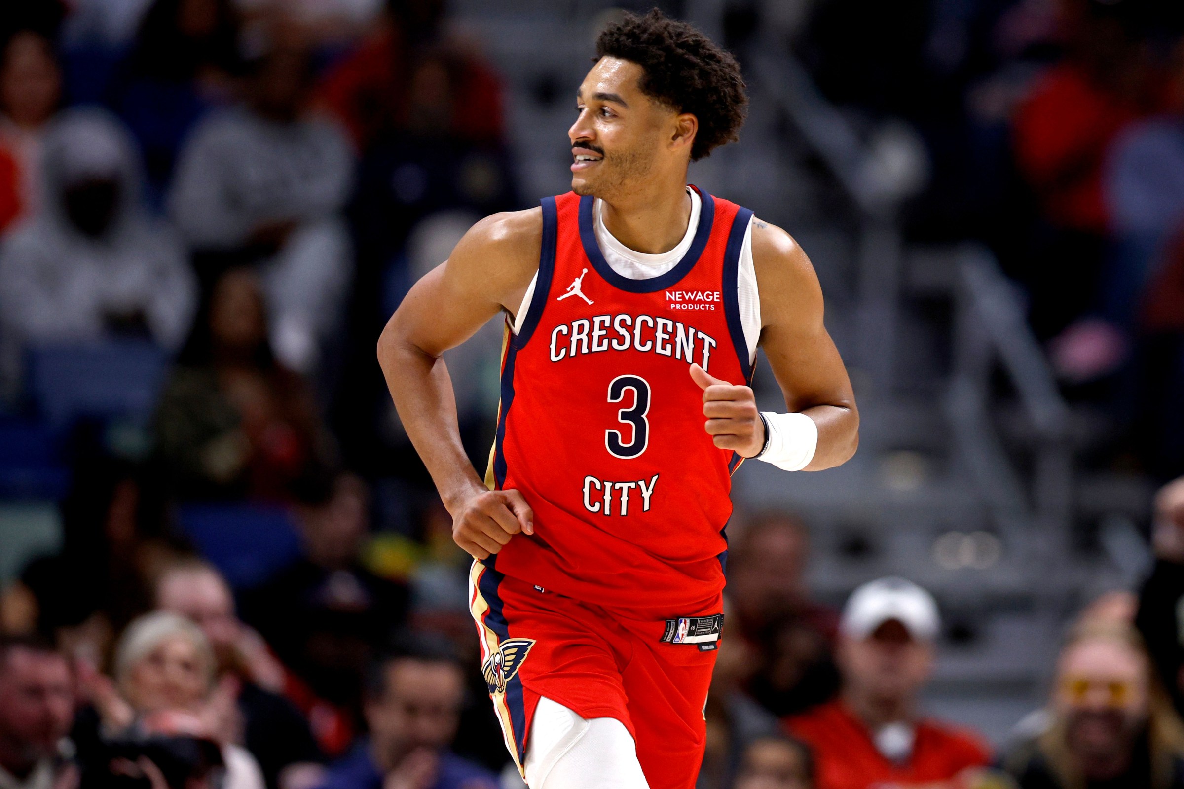 gettyimages-2257692825 NEW ORLEANS, LOUISIANA - JANUARY 21: Jordan Poole #3 of the New Orleans Pelicans reacts after scoring during the first quarter of an NBA game against the Detroit Pistons at Smoothie King Center on January 21, 2026 in New Orleans, Louisiana. NOTE TO USER: User expressly acknowledges and agrees that, by downloading and or using this photograph, User is consenting to the terms and conditions of the Getty Images License Agreement. (Photo by Sean Gardner/Getty Images)