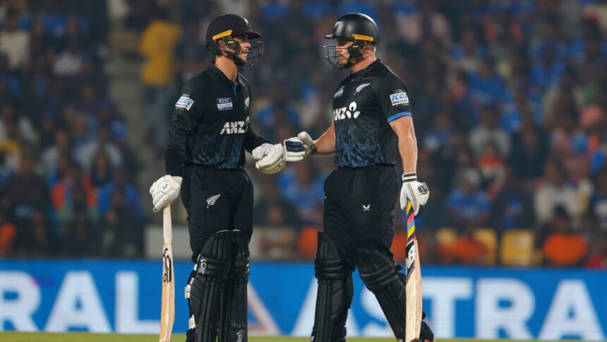 New Zealand batters Glenn Phillips and Mark Chapman in action against India during first T20I. (PHOTO: CREIMAS FOR BCCI)