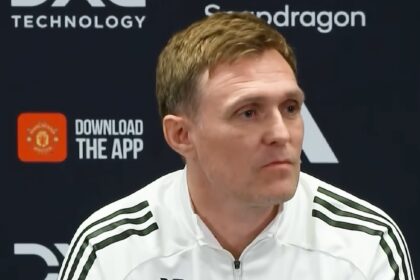 Interim Manchester United manager Darren Fletcher at a press conference on Wednesday. (Screengrab via YouTube)