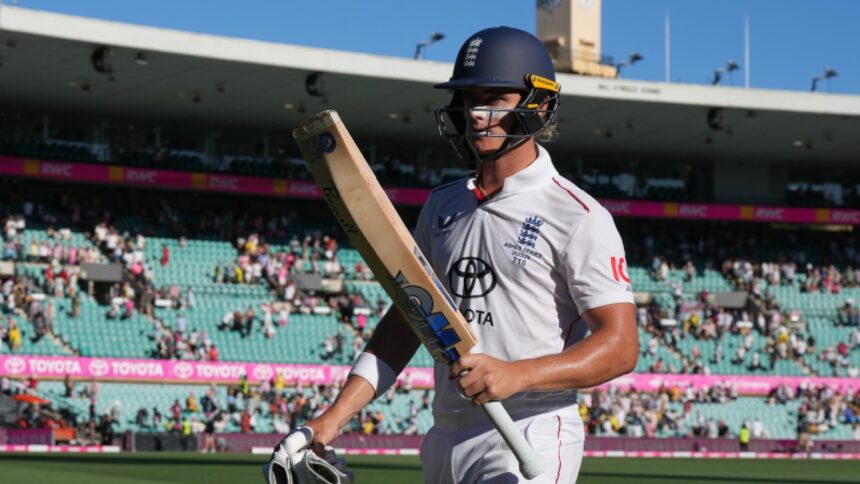 England's Jacob Bethell walks from the field at the close of play during on day four of the fifth and final Ashes cricket test between England and Australia in Sydney, Wednesday, Jan. 7, 2026. (AP Photo)