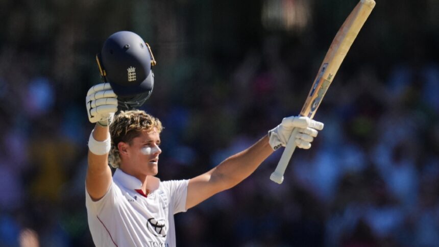 Jacob Bethell celebrates his maiden Test century in the Ashes at Sydney. (AP Photo)