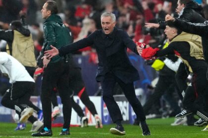 Benfica's head coach Jose Mourinho celebrating at the end of Champions League match against Real Madrid. (PHOTO: AP)