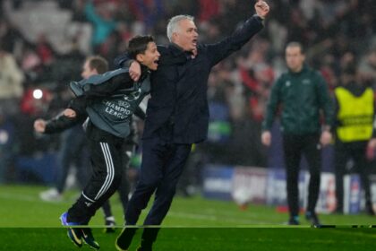 Benfica's head coach Jose Mourinho celebrates at the end of a Champions League opening phase soccer match between Benfica and Real Madrid, in Lisbon, Wednesday, Jan. 28, 2026. (AP Photo)