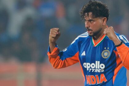 Kuldeep Yadav in action during 4th India vs New Zealand T20I in Visakhapatnam. (PHOTO: CREIMAS FOR BCCI)