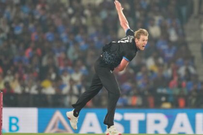 New Zealand's Kyle Jamieson bowls a delivery during the first T20 cricket match between India and New Zealand in Nagpur, India, Wednesday, Jan. 21, 2026. (AP Photo)