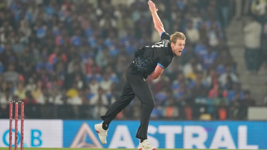 New Zealand's Kyle Jamieson bowls a delivery during the first T20 cricket match between India and New Zealand in Nagpur, India, Wednesday, Jan. 21, 2026. (AP Photo)
