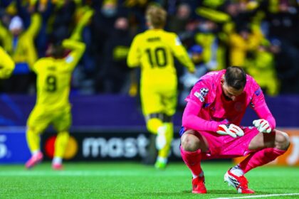 Manchester City goalkeeper Gianluigi Donnarumma after letting in a goal during the Champions League soccer match between Bodo/Glimt and Manchester City in Bodo, Norway. (NTB via AP)