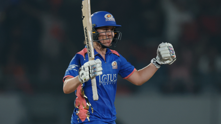 Mumbai Indians Nat-Sciver Brunt became the first centurion in WPL history during the match against Royal Challengers Bengaluru. (PHOTO: CREIMAS FOR WPL)