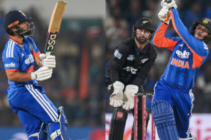 Indian batters Rinku Singh and Abhishek Sharma in action during the first T20I against New Zealand in Nagpur. (PHOTO: CREIMAS FOR BCCI)
