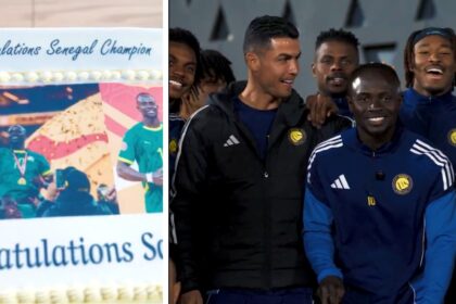 Cristiano Ronaldo and Al Nassr squad welcoming Sadio Mane after his AFCON Africa Cup of Nations win. (PHOTO: Screengrab/X- Al Nassr)