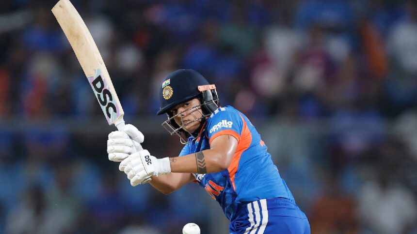 Shafali Verma of India plays a shot during the 3rd T20I match between India and Sri Lanka at Greenfield International Stadium, Thiruvananthapuram, India, on December 26, 2025. (CREIMAS for BCCI)