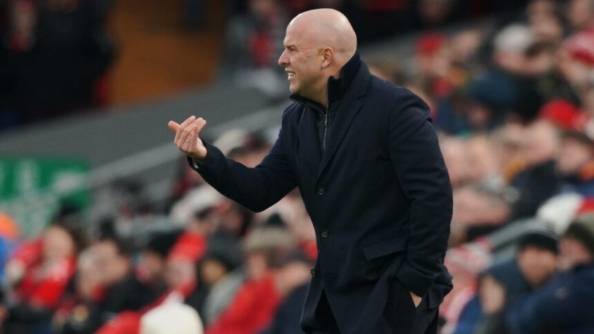 Liverpool's manager Arne Slot gives instructions to his players during the English Premier League soccer match between Liverpool and Wolverhampton Wanderers in Liverpool, Sunday, Dec. 27, 2025. (AP Photo/Ian Hodgson)