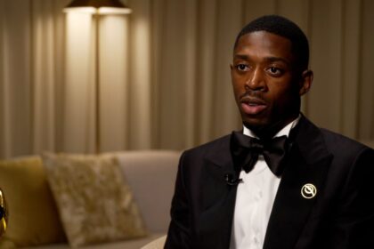 Ousmane Dembélé speaks during an interview at the Globe Soccer Awards in Dubai on December 28, 2025.