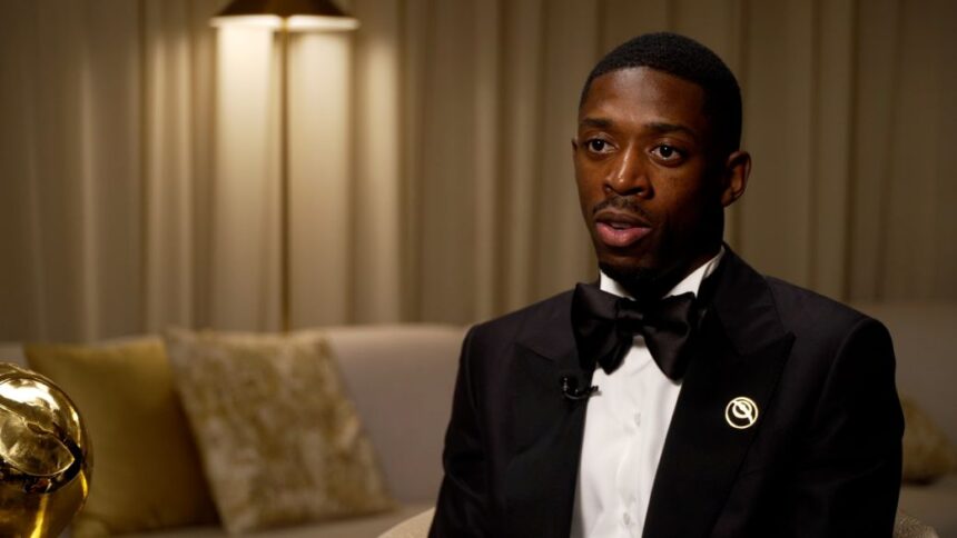 Ousmane Dembélé speaks during an interview at the Globe Soccer Awards in Dubai on December 28, 2025.