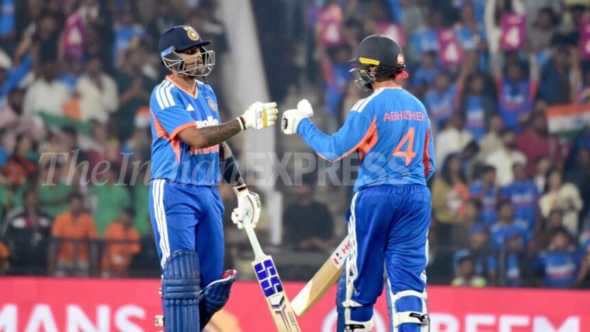 Suryakumar said after the match that it was the perfect time for him to walk in to bat, with India under some pressure after the early dismissals of Sanju Samson and Ishan Kishan. (Express Photo by Dhananjay Khedkar)