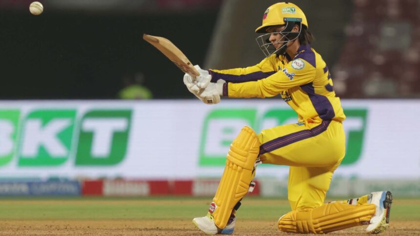 UP Warriorz's Harleen Deol plays a shot during Women's Premier League (WPL) cricket match against the Delhi Capitals at the DY Patil Stadium in Navi Mumbai. (Express photo by Narendra Vaskar)