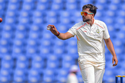 Vidarbha spinner Harsh Dubey during Day 1 of the Ranji Trophy Elite Group A match against Uttar Pradesh in Nagpur. (PHOTO: PTI)