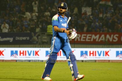 India's Virat Kohli walks off after getting dismissed against New Zealand in the first ODI at Vadodara. (Express Photo by Bhupendra Rana)