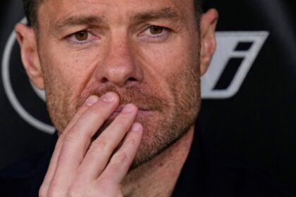 Real Madrid's head coach Xabi Alonso looks on ahead of the Spanish La Liga soccer match between Real Madrid and Sevilla in Madrid, Spain, on Dec. 20, 2025. (AP Photo)