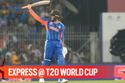 India's Abhishek Sharma celebrates his fifty runs during the T20 World Cup cricket match between India and Zimbabwe in Chennai, India, Thursday, Feb. 26, 2026. (AP Photo)