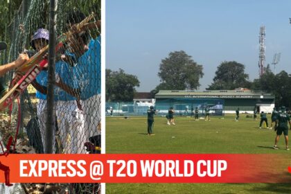L-R: Pakistan's Abrar Ahmed signs autographs to young fans across the fence and Pakistan cricket team during a practice session in Colombo. (Express photo by Venkata Krishna B)