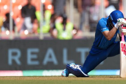 Super Over in SA vs AFG: Afghanistan's Rahmanullah Gurbaz reacts after losing his wicket during the T20 World Cup cricket match between Afghanistan and South Africa in Ahmedabad on Wednesday. (AP Photo)