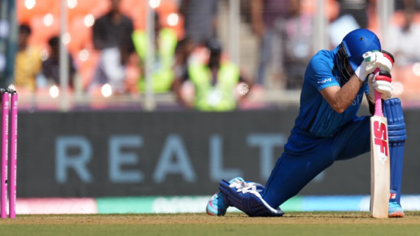 Super Over in SA vs AFG: Afghanistan's Rahmanullah Gurbaz reacts after losing his wicket during the T20 World Cup cricket match between Afghanistan and South Africa in Ahmedabad on Wednesday. (AP Photo)