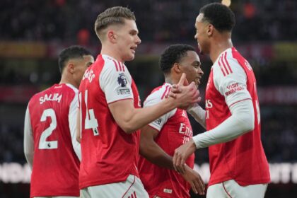 Arsenal players celebrate after a goal during the English Premier League soccer match between Arsenal and Sunderland in London, England, Saturday, Feb. 7, 2026. (AP Photo)