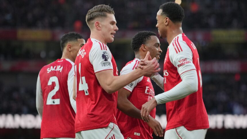 Arsenal players celebrate after a goal during the English Premier League soccer match between Arsenal and Sunderland in London, England, Saturday, Feb. 7, 2026. (AP Photo)