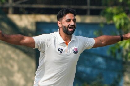 Jammu and Kashmirs Auqib Nabi plays a shot during the third day of the Ranji Trophy semifinal match between Bengal and Jammu and Kashmir at the Bengal Cricket Academy Ground, in Kalyani, West Bengal. (PTI Photo)