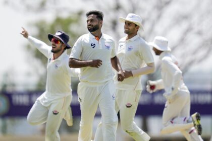 Jammu and Kashmir pace sensation Auqib Nabi in action during Ranji Trophy final against Karnataka in Hubballi. (PHOTO: PTI)