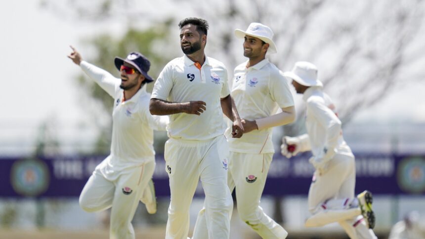 Jammu and Kashmir pace sensation Auqib Nabi in action during Ranji Trophy final against Karnataka in Hubballi. (PHOTO: PTI)
