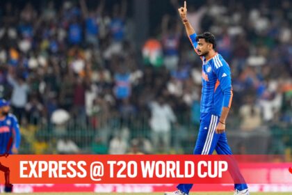 India's Axar Patel celebrates the wicket of Pakistan's Usman Khan during the T20 World Cup cricket match between India and Pakistan in Colombo, Sri Lanka, Sunday, Feb. 15, 2026. (AP Photo)